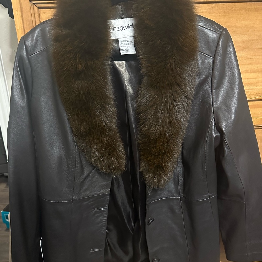 Chadwicks Dark Brown Leather Jacket with Fur Trim